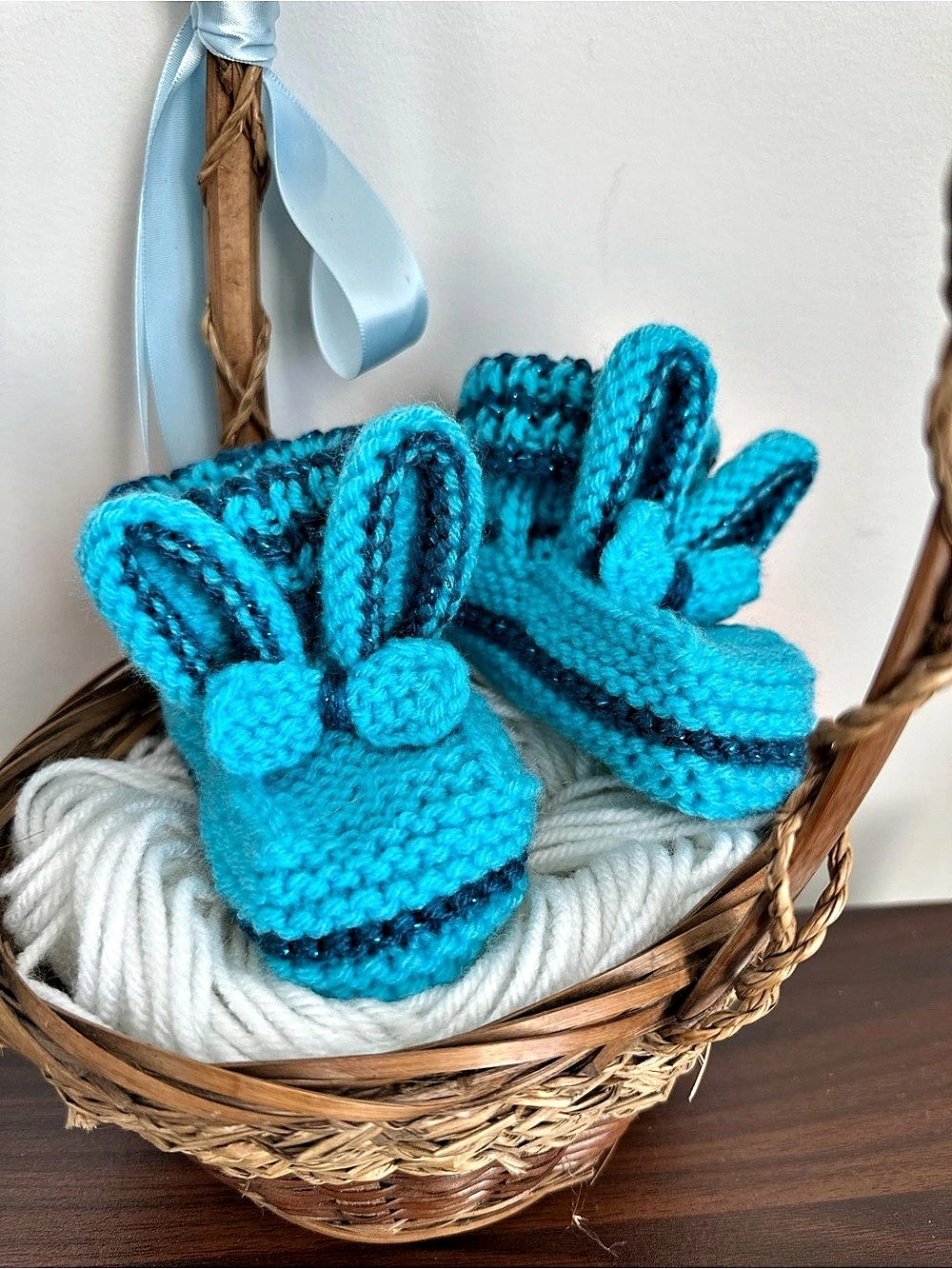 Handmade Blue Knit Toddler Booties with Bunny Ears - Size 7C-8C